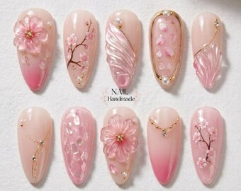 Presse fleurs de cerisier 3D sur les ongles, faux ongles floral sakura rose, accents or perlé ombré, colle sur les ongles coquette printemps-été