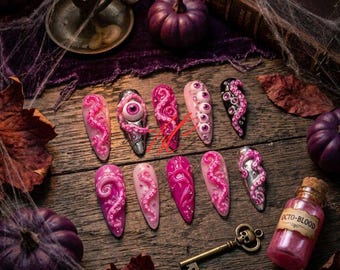 Pink Tentacle Press On Nails, 3D Eyeball Stiletto Nails, Gothic Octopus Fake Nails, Halloween Horror Handmade Nail Set, Spooky Cosplay Gifts
