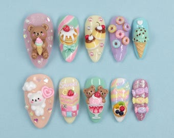 Kawaii Sweet Dessert Press On Nails with Bears, Ice Cream, Donuts and Candy Charms – Pastel Cute 3D Nail Art Set, Handmade Manicure