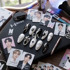 May include: A set of ten almond-shaped press-on nails in black and white with silver metallic accents, featuring designs like bows, stars, and the text OT7. The nails are displayed alongside various K-pop photo cards, a wristband, and a metallic pen.