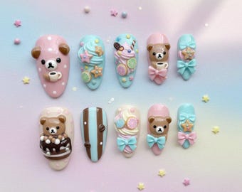 Kawaii Bear Cafe Press On Nails with Pastel Bows, Cookies and Whipped Cream – Cute 3D Dessert Nail Art Set, Handmade Sweet Manicure