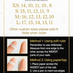 Peut inclure: Graphique noir et or avec des informations de dimensionnement des ongles et des instructions. Le texte comprend les tailles XS, S, M et L, ainsi que des m&eacute;thodes de mesure &agrave; l'aide d'une r&egrave;gle souple ou de papier. Une r&egrave;gle est affich&eacute;e en bas.