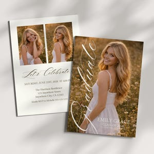 May include: Graduation announcement featuring a photo of a woman in a white dress. The card includes the words "Graduate" and "Emily Grace, Class of 2026." The invitation reads "Let's Celebrate" with event details.
