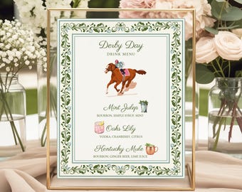 Kentucky Derby Party Cocktail Menu | Watercolor Horses, Roses, Mint Julep | Horse Race Viewing Party