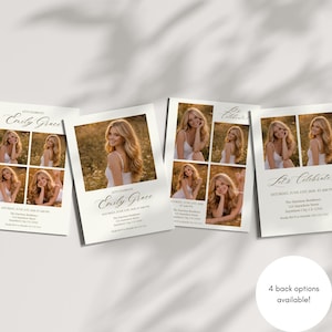 Peut inclure: Quatre cartes d'invitation blanches avec des photographies d'une personne aux longs cheveux blonds portant un haut blanc. Le texte indique Let's Celebrate, Emily Grace, Saturday, June 21st, 2025, at 4:00 PM, The Harrison Residence, 123 Anywhere Street.