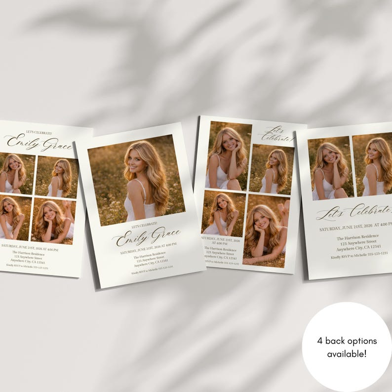 Peut inclure: Quatre cartes d'invitation blanches avec des photographies d'une personne aux longs cheveux blonds portant un haut blanc. Le texte indique Let's Celebrate, Emily Grace, Saturday, June 21st, 2025, at 4:00 PM, The Harrison Residence, 123 Anywhere Street.