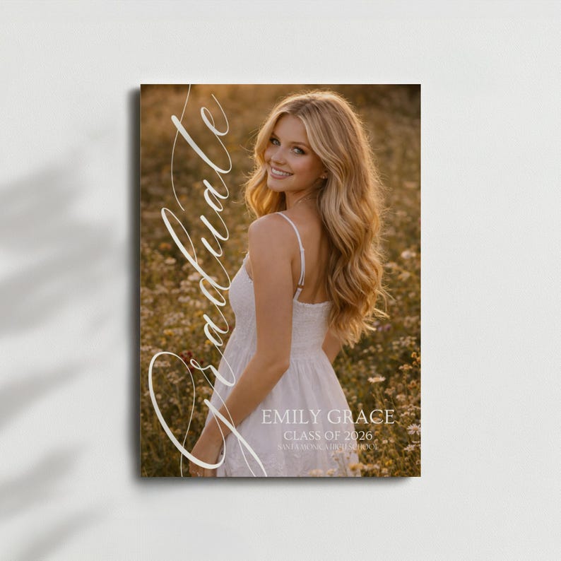 Peut inclure: Annonce de remise de dipl&ocirc;me avec une personne souriante en robe blanche dans un champ de fleurs. Le mot "Graduate" est &eacute;crit en script &eacute;l&eacute;gant. L'annonce comprend le nom "Emily Grace" et "Classe de 2026".