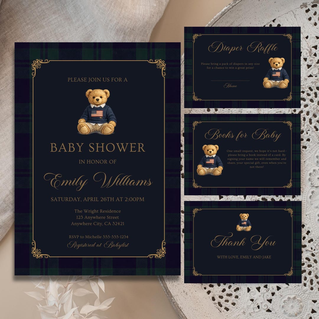Classic Polo Teddy Bear Baby Shower Invitation | Preppy Baby Shower ...