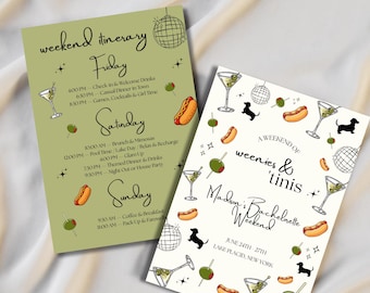 Invitation Weenies et Tinis Bachelorette | Soirée hot-dogs et martinis | Itinéraire du week-end | Téléchargement numérique sur toile