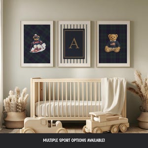 Personalized Preppy Bear Nursery Wall Art Set of 3 | Preppy Classic Polo Teddy, Custom Initial & Sports Bear Print