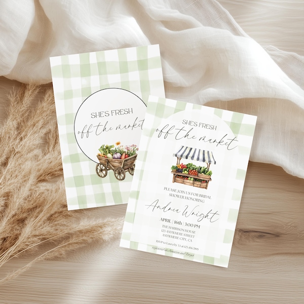 She's Fresh Off the Market-uitnodiging vrijgezellenfeest | Digitale uitnodiging | Op canvas bewerkbaar Afdrukbaar thema: boerenmarkt
