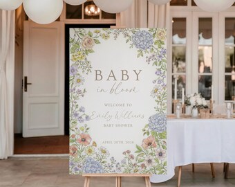 Panneau de bienvenue pour baby shower Baby in Bloom | Panneau baby shower fleurs sauvages | Panneau de bienvenue floral pour baby shower | Modèle de toile modifiable