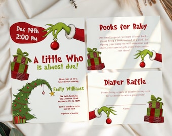 Peut inclure: Un ensemble d'invitations pour baby shower avec une main verte dans une manche rouge tenant une boule rouge, des cadeaux empilés verts et rouges, et un sapin courbé. Le texte inclut Dec 14th 2:00 PM, A Little Who is almost due, Books for Baby.