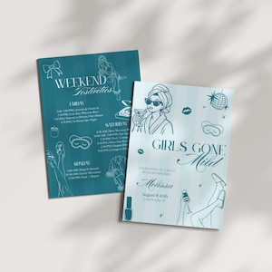 Op de afbeelding: Twee teal-gekleurde evenementflyers met witte tekst en illustraties. Eén flyer leest "Weekend Festivities" met een schema. De andere zegt "Girls Gone Mild" en bevat een naam en datum. De flyers hebben een thema van een feest.