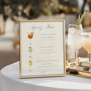 May include: A gold-framed sign with the text "Spritz Bar" and illustrations of Aperol, Hugo, and Limoncello Spritz cocktails. The sign lists ingredients and descriptions for each drink. Two cocktail glasses are in the background.