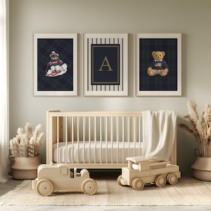 Personalized Ralph Lauren Inspired Nursery Wall Art Set of 3 | Preppy Classic Polo Teddy, Custom Initial & Sports Bear Print