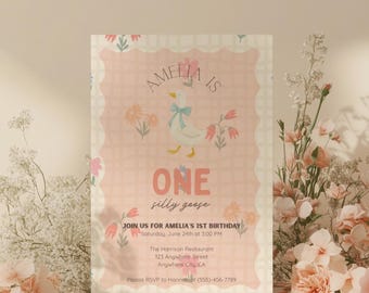 Une invitation d'anniversaire stupide | Invitation premier anniversaire de fille | Modèle de toile | Soirée à thème Pink Goose