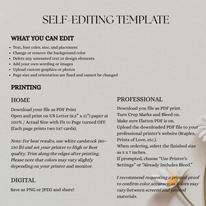 Peut inclure: Une fiche d'instructions pour mod&egrave;le auto-&eacute;ditable avec du texte noir sur fond clair. Elle d&eacute;taille les options de modification, l'impression &agrave; domicile sur papier 21,6 cm par 27,9 cm, les consignes professionnelles et le format pour cartes 12,7 cm par 17,8 cm.