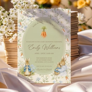 May include: A baby shower invitation featuring a bunny theme. The invitation has a light green oval with the text "SOME BUNNY IS ON THE WAY". The invitation includes the name "Emily Williams", date, time, and address.
