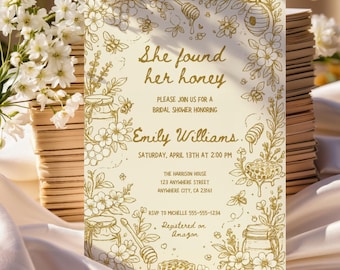 Invitación para despedida de soltera "Ella encontró su miel" / "Ella encontró su miel" / "Destinada a ser abeja" / "De novia a abeja" / Plantilla editable de Canva