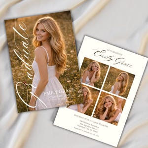 Peut inclure: Deux cartes d'annonce de remise de dipl&ocirc;me montrant une personne aux longs cheveux blonds en robe blanche. Une carte affiche Graduate, Emily Grace et Class of 2026. L'autre pr&eacute;sente trois photos, le texte Let's Celebrate, Emily Grace et les d&eacute;tails.