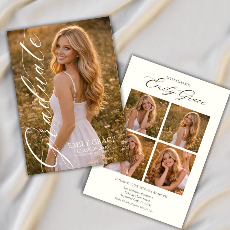 Peut inclure: Deux cartes d'annonce de remise de dipl&ocirc;me montrant une personne aux longs cheveux blonds en robe blanche. Une carte affiche Graduate, Emily Grace et Class of 2026. L'autre pr&eacute;sente trois photos, le texte Let's Celebrate, Emily Grace et les d&eacute;tails.