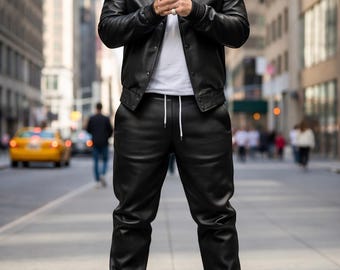 Herren Echtleder Schwarz Trainingsanzug Jogging Sweatsuit Echtleder Trainingsanzug Set