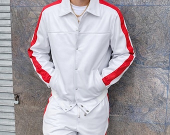Men’s Leather Track Suit Sweatsuit White Red Genuine Leather Casual Streetwear Set