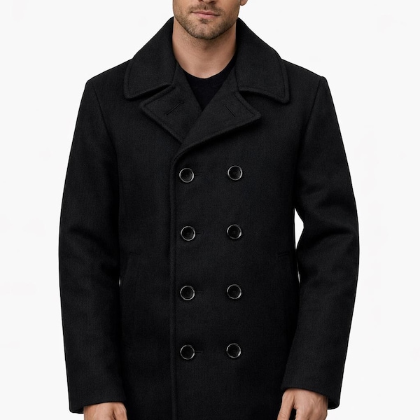 Men US Navy Black Pea Coat Formal Winter Warm 100% Wool Coat Military Style