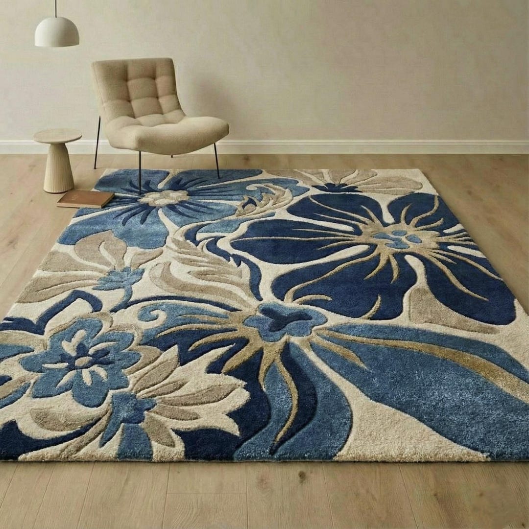 Flower Pattern Area Rug Blue Floral Area Rug – Modern Plush Flower Carpet - Etsy