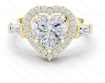 Heart Cut Diamond Engagement Ring, 14K Rose Gold Halo, Toi et Moi Baguette Accents