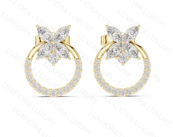 Lab Grown Diamond Butterfly Earrings, Rose Gold Floral Studs, Minimalist Halo Jewelry