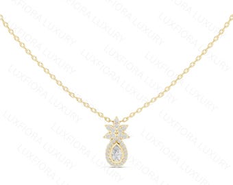 14K Solid Gold Diamond Pineapple Pendant, Tropical Hospitality Charm Necklace
