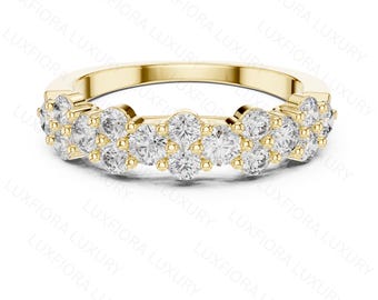 Round Moissanite Diamond Eternity Band, Rose Gold Cluster Ring, Stackable Anniversary Band