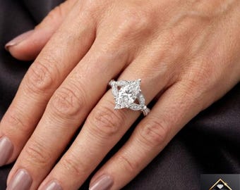 925 Sterling Silver Marquise Moissanite Engagement Ring, Art Deco Bridal Band