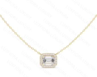 Emerald Cut Lab Grown Diamond Halo Necklace, Rose Gold Bridal Solitaire Charm