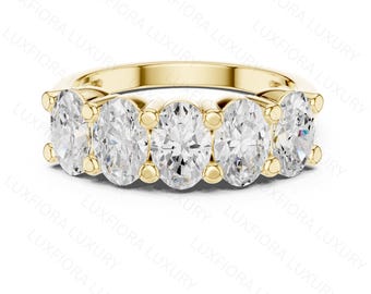 Oval Cut Moissanite Wedding Band, Rose Gold Half Eternity Ring, 5 Stone Anniversary Band