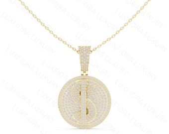 Lab Grown Diamond Disc Pendant, Pavé Set Gold Medallion Necklace
