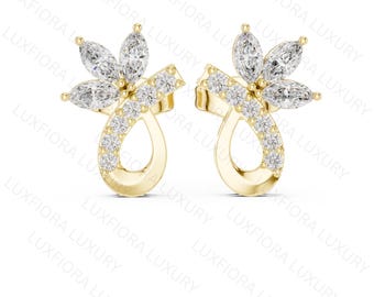 Lab Grown Diamond Floral Earrings, Marquise Teardrop Studs, Rose Gold Wedding Jewelry