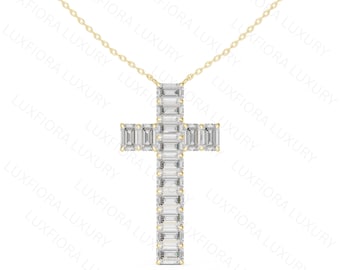 Emerald Lab Grown Diamond Cross Pendant Necklace, Rose Gold Minimalist Baguette Diamonds