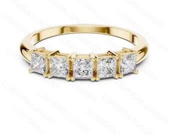 Princess Cut Moissanite 5 Stone Ring, Rose Gold Half Eternity Band