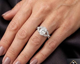 Sterling Silver Oval Moissanite Engagement Ring, Art Deco Leaf Bypass Bridal Promise Ring