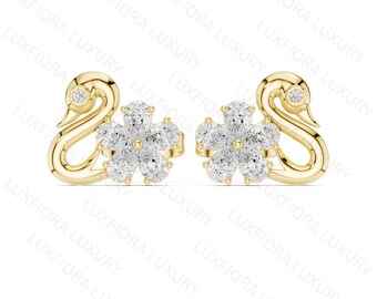 Swan Diamond Stud Earrings, Floral Cluster, Rose Gold Finish, Bridal Fine Jewelry