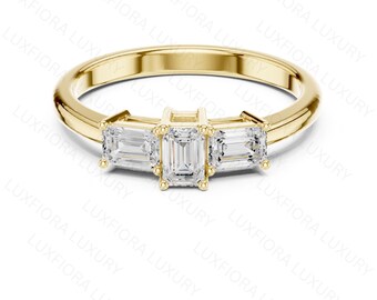 Emerald Cut Three Moissanite Engagement Ring, 14k Rose Gold Past Present Future Band