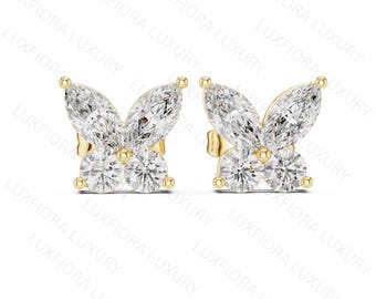 14k Gold Butterfly Earrings, Marquise Diamond Studs, Nature Jewelry