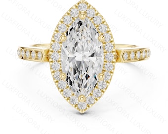 Marquise Halo Engagement Ring, Vintage Rose Gold Statement Ring