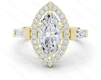 Marquise Cut Lab Grown Halo Engagement Ring, Rose Gold Vintage Style Bridal Jewelry