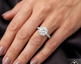 Round Moissanite Engagement Ring, Hidden Halo, Pave Band, Sterling Silver Bridal Ring