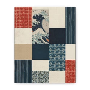 以下が含まれることがあります： パッチワークデザインの正方形の装飾品。波のイラストが描かれたセクションと、赤、ベージュ、ネイビーブルー、白の正方形があります。各正方形には異なるテクスチャとパターンがあり、視覚的に多様な構成になっています。