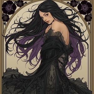 Puede incluir: Ilustración de una mujer con largo cabello negro con reflejos morados, vistiendo un vestido negro con intrincados patrones florales. La obra de arte tiene un estilo vintage, con un fondo beige y acentos florales morados oscuros.